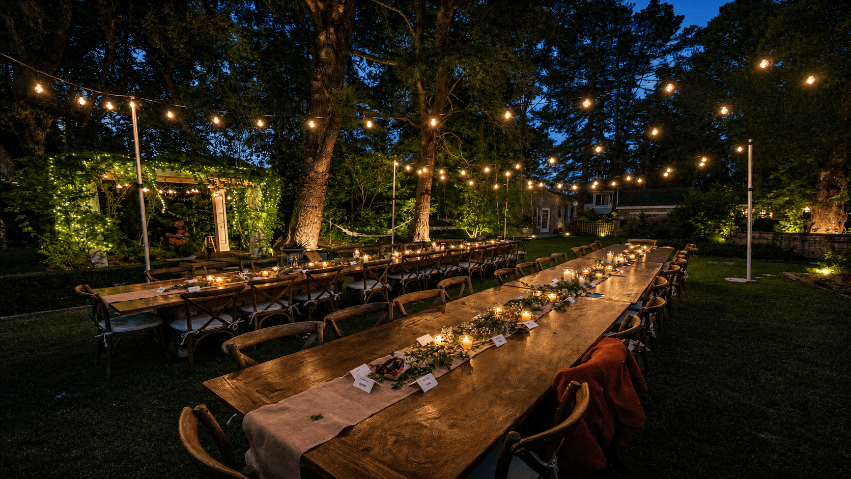 Twilight estate backyard dinner with long farm tables, candle and eucalyptus runners, and a warm bistro string light canopy strung between trees over the lawn