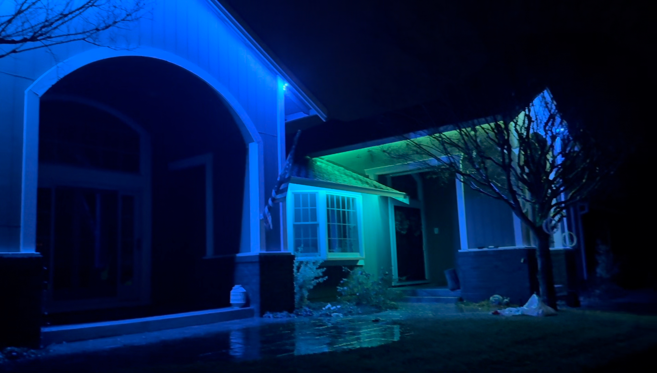 Blue and teal gradient permanent lighting in backyard